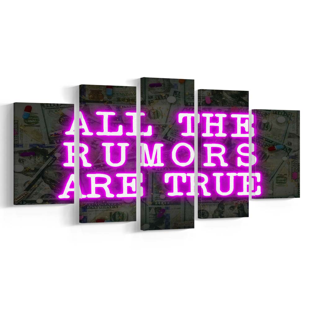 Neon Light Art  All The Rumors Are True Art Print, 5 Panel Mixed Canvas Print Wall Art, Home Decor, Neon Canvas
