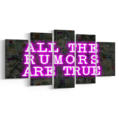 Neon Light Art  All The Rumors Are True Art Print, 5 Panel Mixed Canvas Print Wall Art, Home Decor, Neon Canvas
