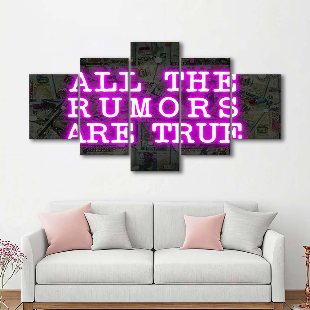 Neon Light Art  All The Rumors Are True Art Print, 5 Panel Mixed Canvas Print Wall Art, Home Decor, Neon Canvas