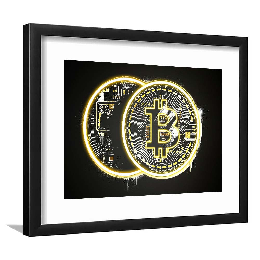 Neon Light Art  Bitcoin Art Print, Framed Art Print Wall Decor, White Border, Framed Picture