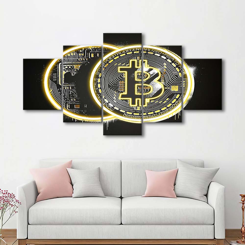 Neon Light Art  Bitcoin Art Print, 5 Panel Mixed Canvas Print Wall Art, Home Decor, Neon Canvas