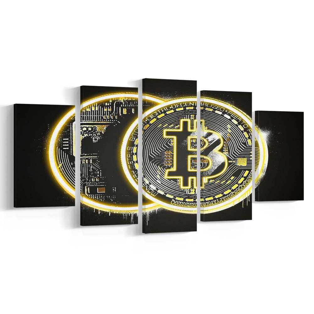 Neon Light Art  Bitcoin Art Print, 5 Panel Mixed Canvas Print Wall Art, Home Decor, Neon Canvas