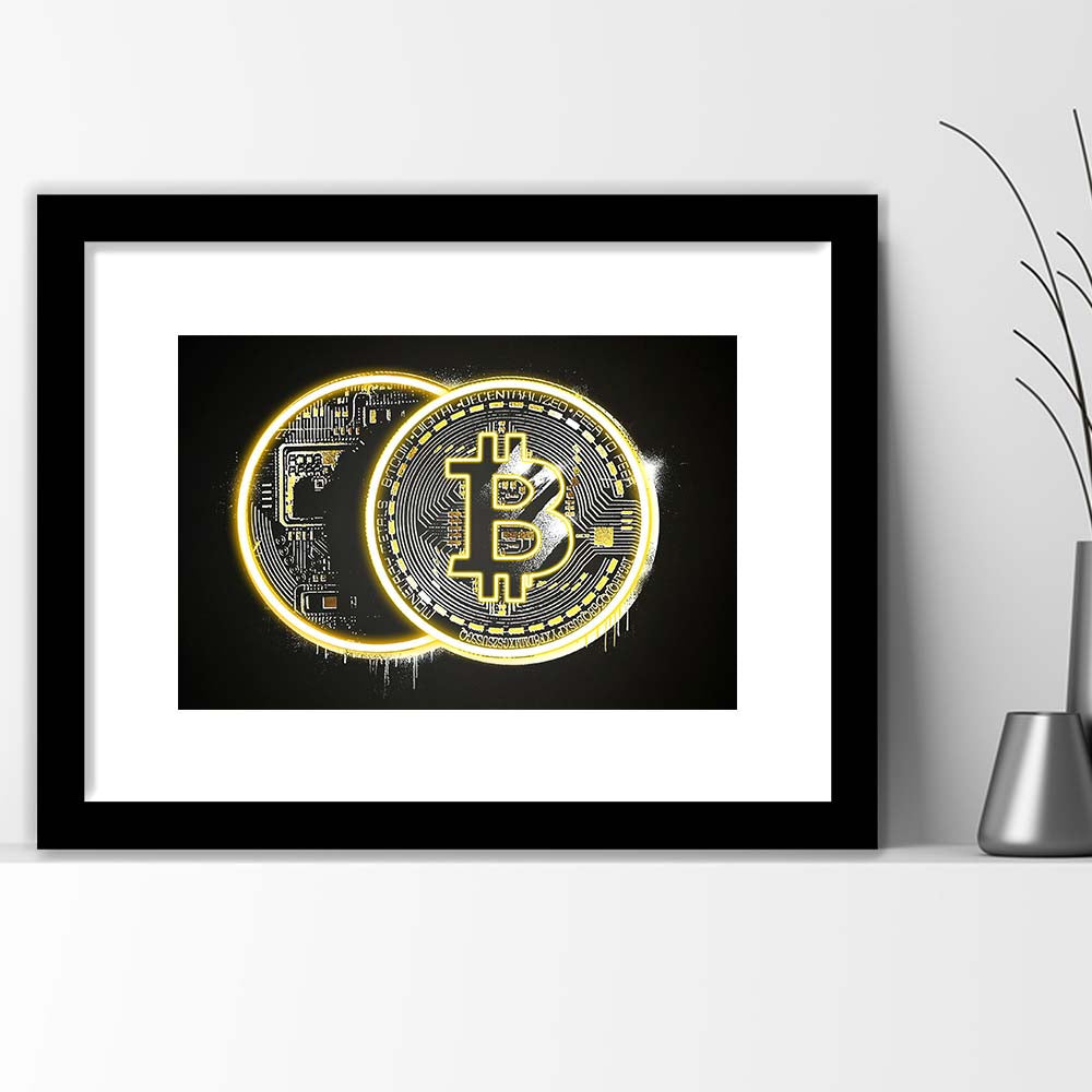 Neon Light Art  Bitcoin Art Print, Framed Art Print Wall Decor, White Border, Framed Picture