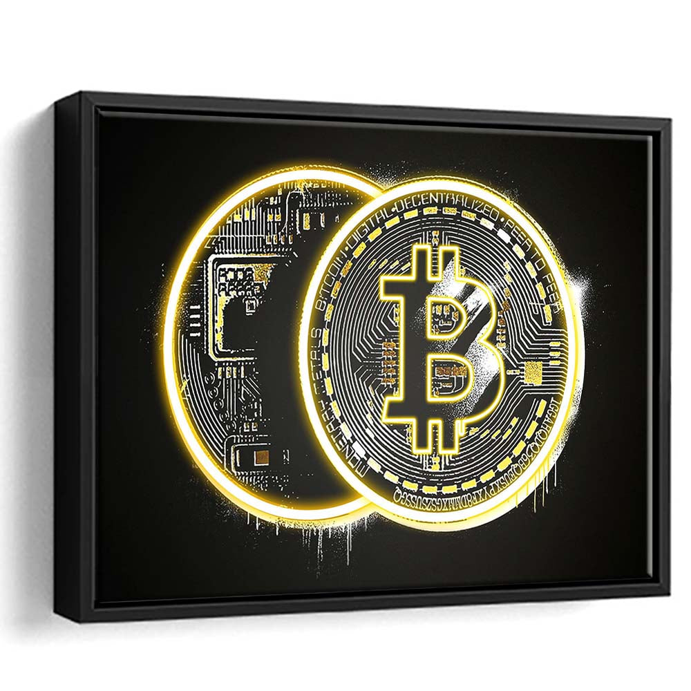 Neon Light Art  Bitcoin Art Print, Framed Canvas Print Wall Art Decor, Floating Frame, Neon Effect Art