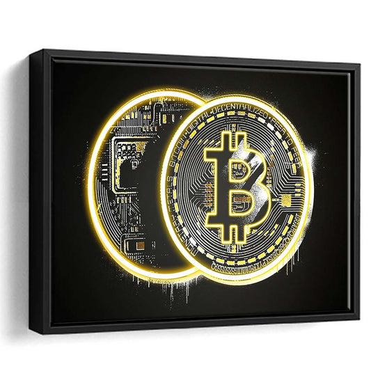 Neon Light Art  Bitcoin Art Print, Framed Canvas Print Wall Art Decor, Floating Frame, Neon Effect Art