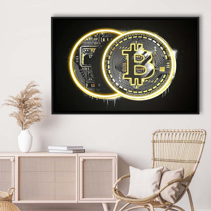 Neon Light Art  Bitcoin Art Print, Framed Canvas Print Wall Art Decor, Floating Frame, Neon Effect Art