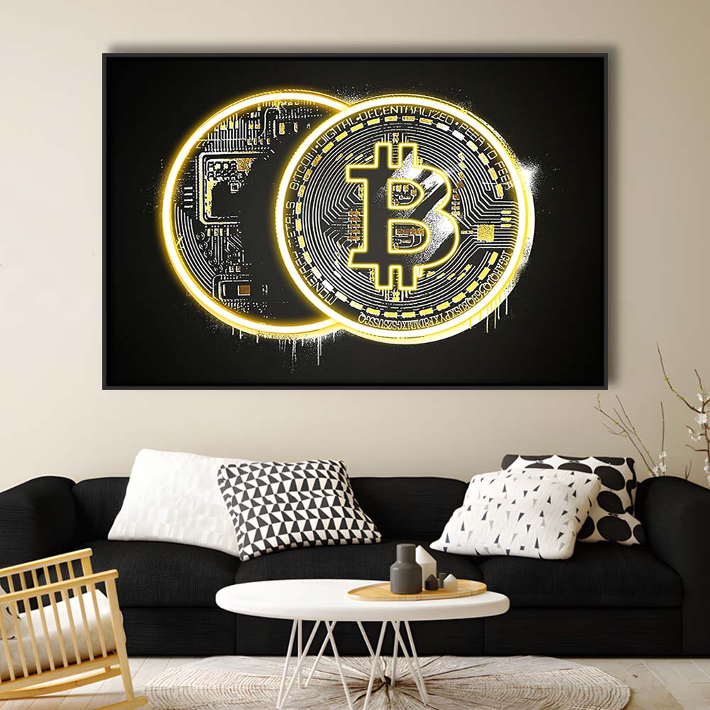 Neon Light Art  Bitcoin Art Print, Framed Canvas Print Wall Art Decor, Floating Frame, Neon Effect Art