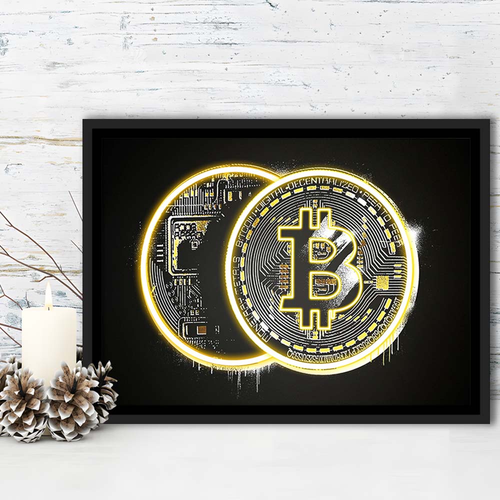 Neon Light Art  Bitcoin Art Print, Framed Canvas Print Wall Art Decor, Floating Frame, Neon Effect Art