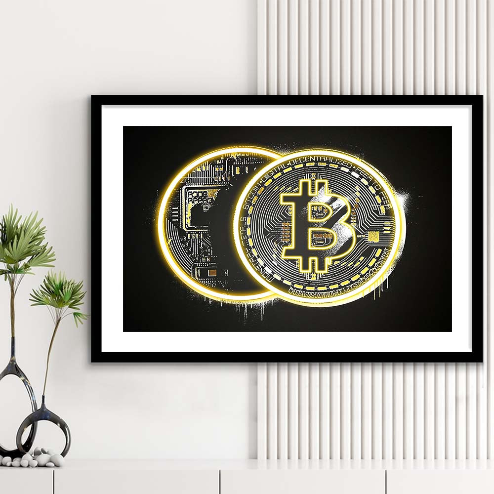 Neon Light Art  Bitcoin Art Print, Framed Art Print Wall Decor, White Border, Framed Picture