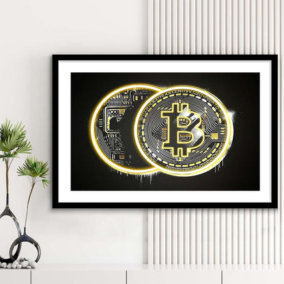 Neon Light Art  Bitcoin Art Print, Framed Art Print Wall Decor, White Border, Framed Picture