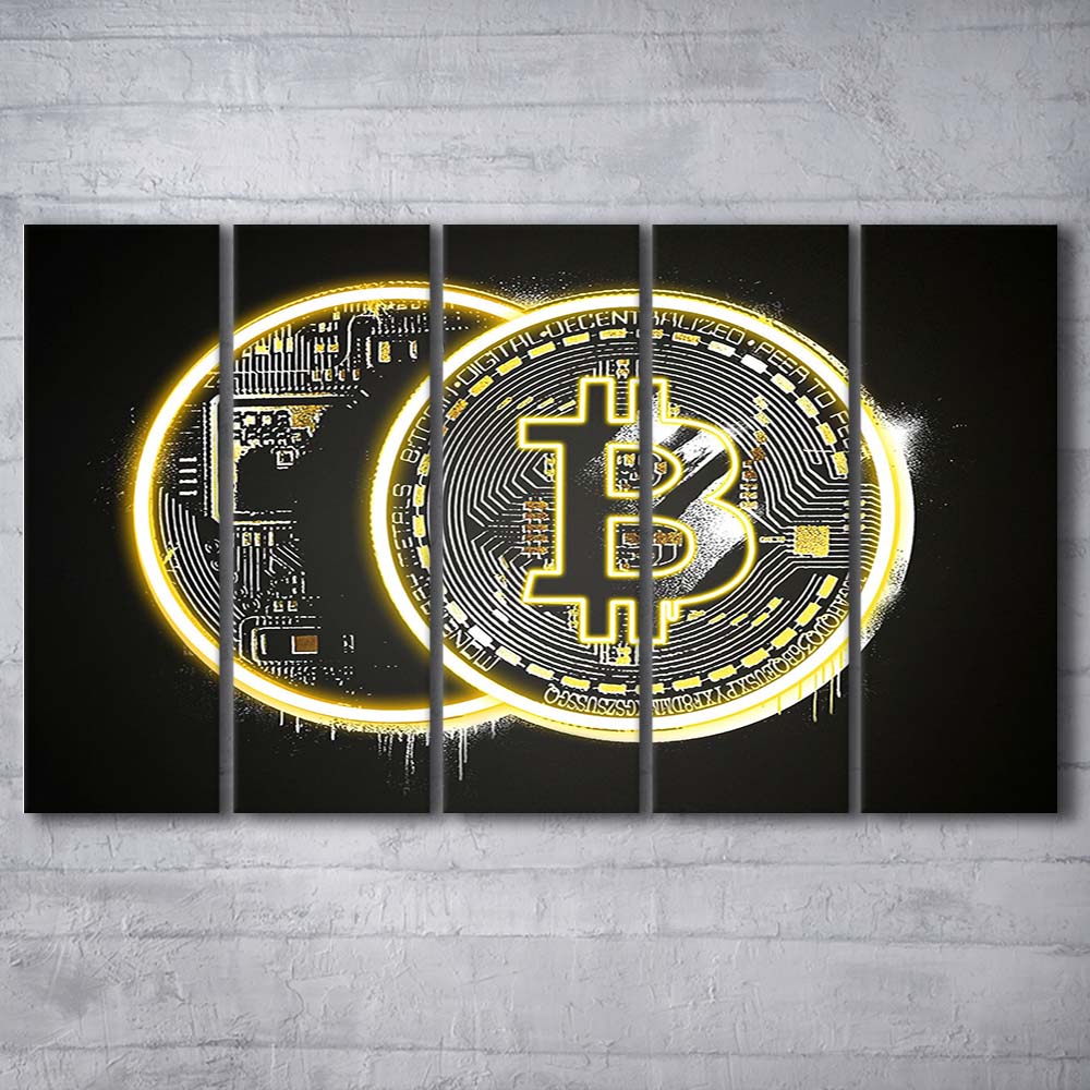 Neon Light Art  Bitcoin Art Print, Extra Large 5 Panels Multi Canvas Print Wall Art, Home Decor
