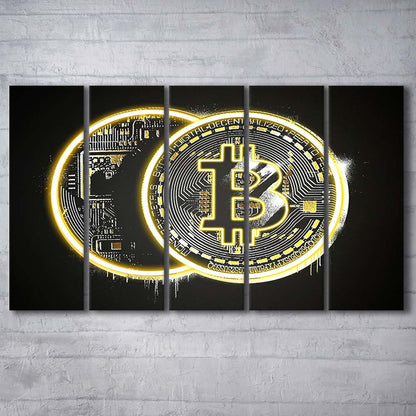 Neon Light Art  Bitcoin Art Print, Extra Large 5 Panels Multi Canvas Print Wall Art, Home Decor