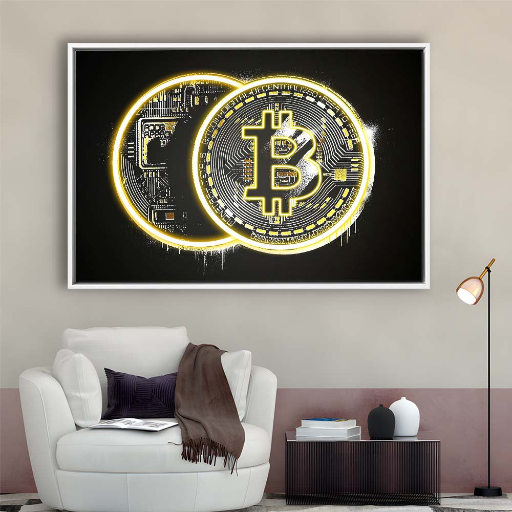 Neon Light Art  Bitcoin Art Print, Framed Canvas Print Wall Art Decor, Floating Frame, Neon Effect Art