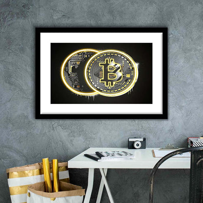 Neon Light Art  Bitcoin Art Print, Framed Art Print Wall Decor, White Border, Framed Picture