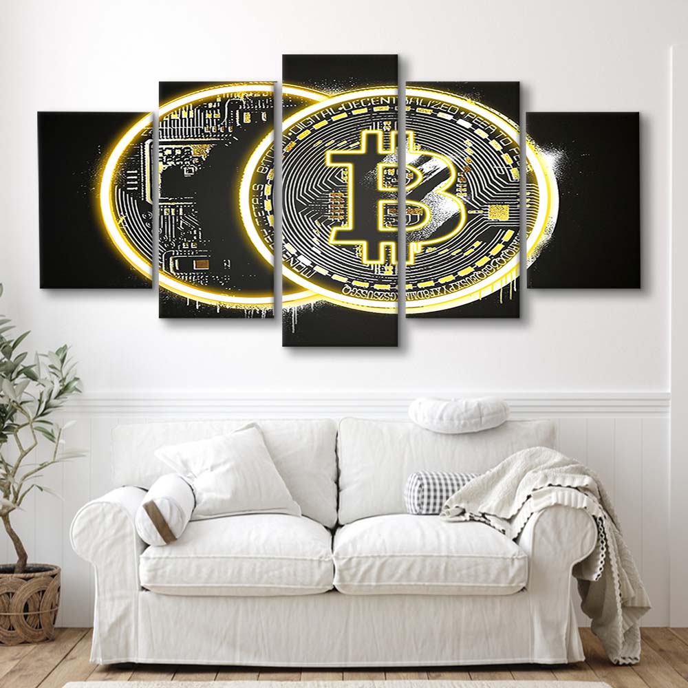 Neon Light Art  Bitcoin Art Print, 5 Panel Mixed Canvas Print Wall Art, Home Decor, Neon Canvas