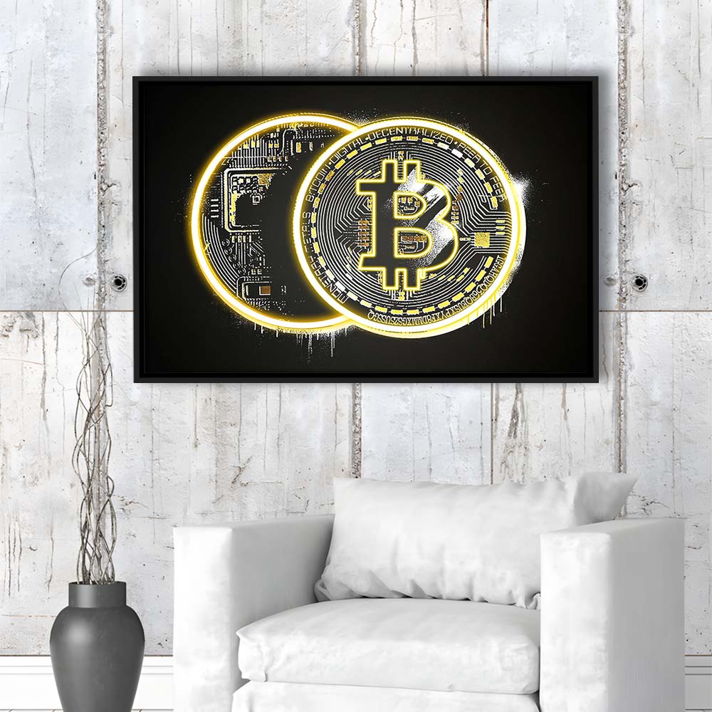 Neon Light Art  Bitcoin Art Print, Framed Canvas Print Wall Art Decor, Floating Frame, Neon Effect Art