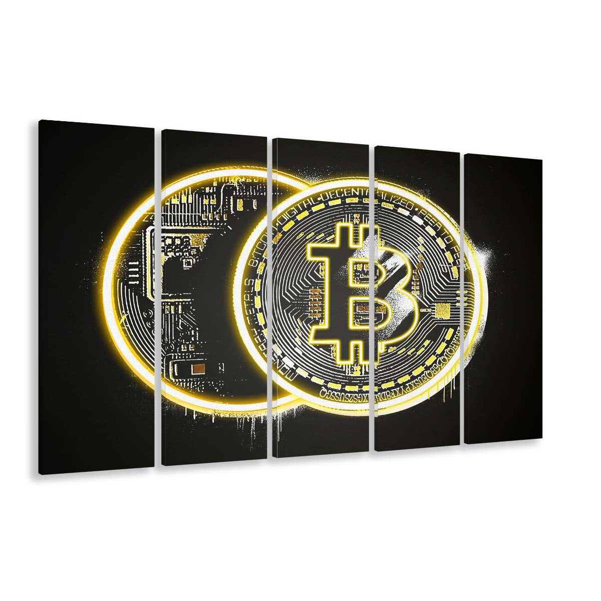 Neon Light Art  Bitcoin Art Print, Extra Large 5 Panels Multi Canvas Print Wall Art, Home Decor