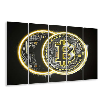Neon Light Art  Bitcoin Art Print, Extra Large 5 Panels Multi Canvas Print Wall Art, Home Decor