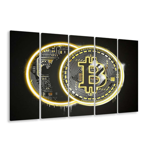 Neon Light Art  Bitcoin Art Print, Extra Large 5 Panels Multi Canvas Print Wall Art, Home Decor
