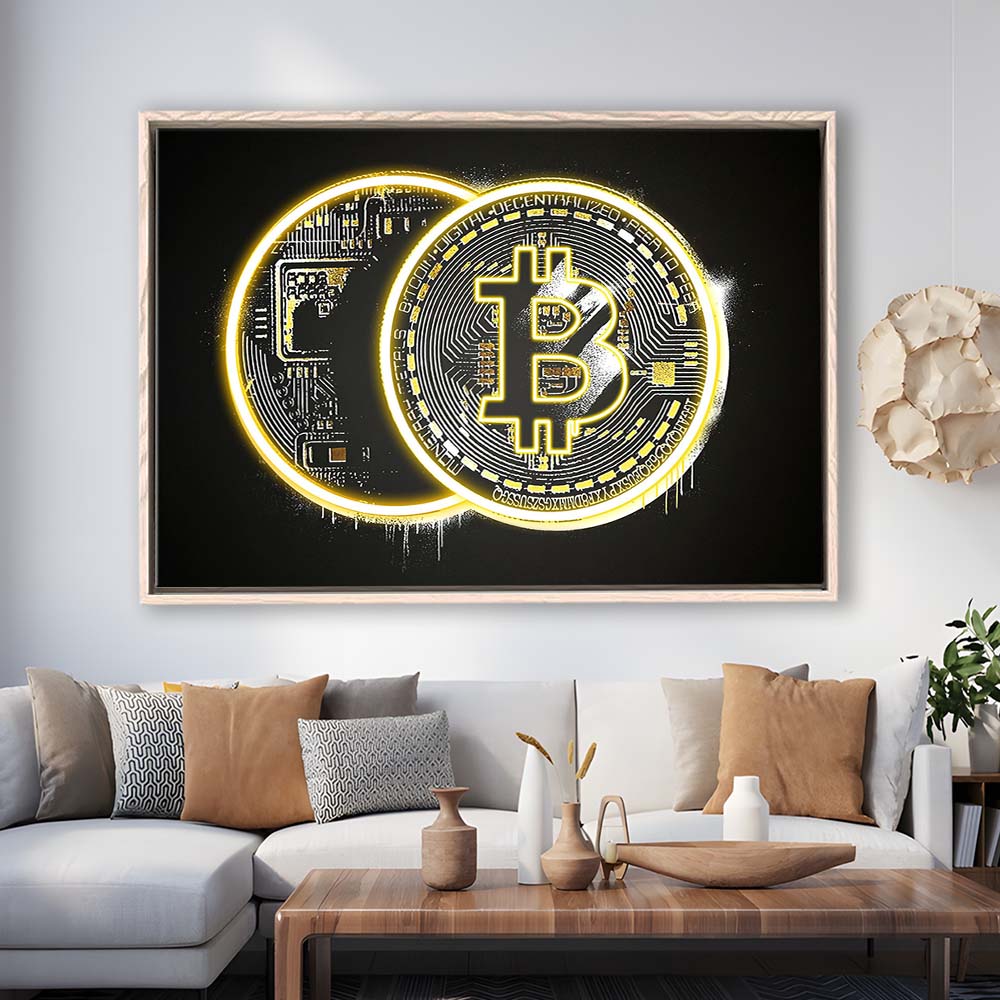 Neon Light Art  Bitcoin Art Print, Framed Canvas Print Wall Art Decor, Floating Frame, Neon Effect Art