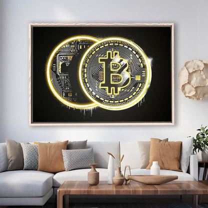 Neon Light Art  Bitcoin Art Print, Framed Canvas Print Wall Art Decor, Floating Frame, Neon Effect Art
