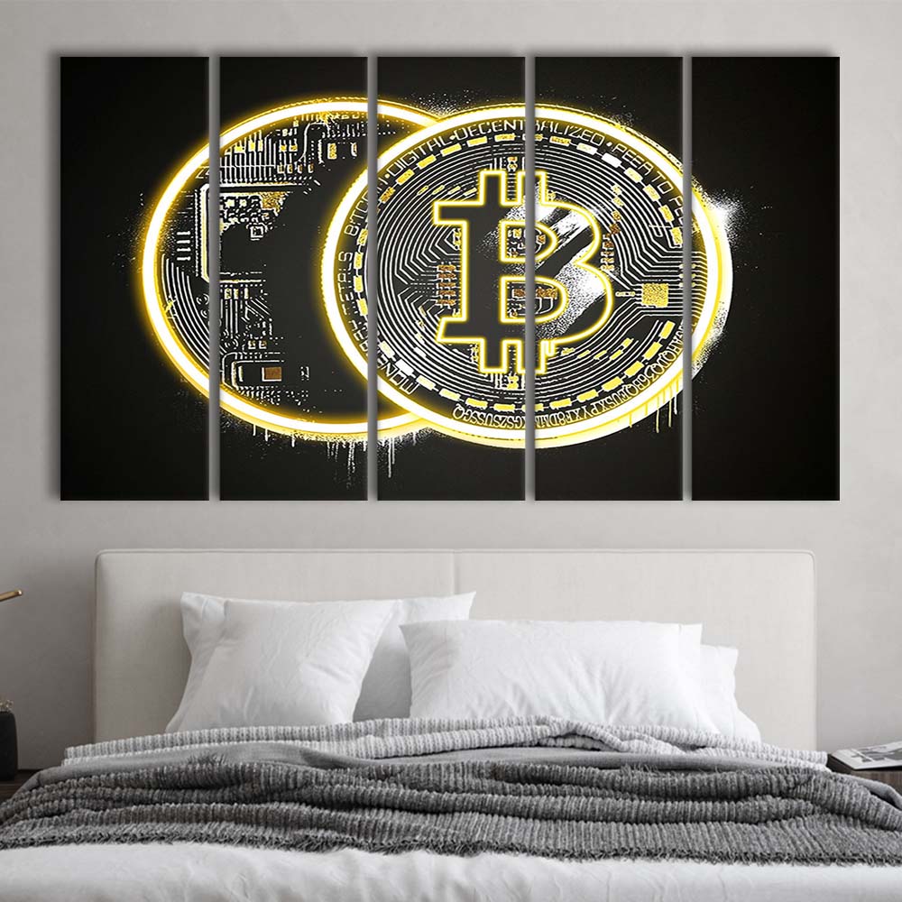 Neon Light Art  Bitcoin Art Print, Extra Large 5 Panels Multi Canvas Print Wall Art, Home Decor