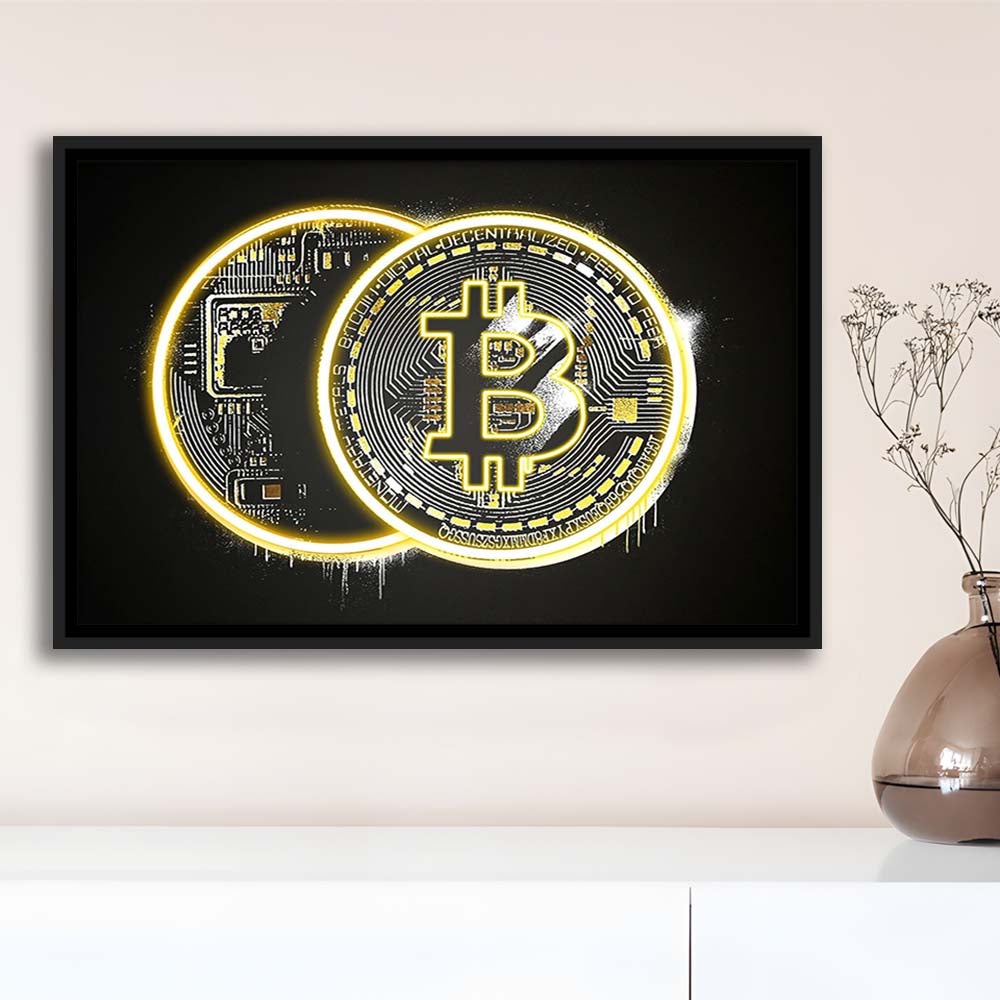Neon Light Art  Bitcoin Art Print, Framed Canvas Print Wall Art Decor, Floating Frame, Neon Effect Art