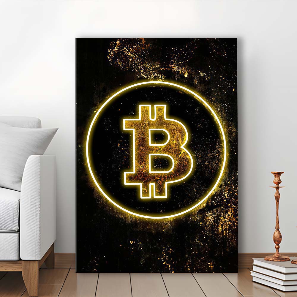 Neon Light Art Bitcoin Marble, Canvas Print, Luxury Wall Art Decor, Modern Art