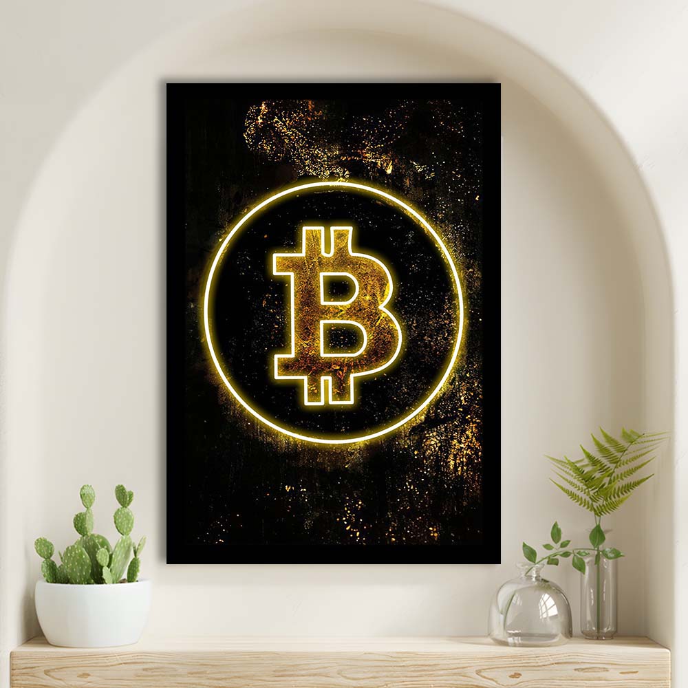 Neon Light Art Bitcoin Marble, Framed Art Print, Picture Framed Wall Art Decor