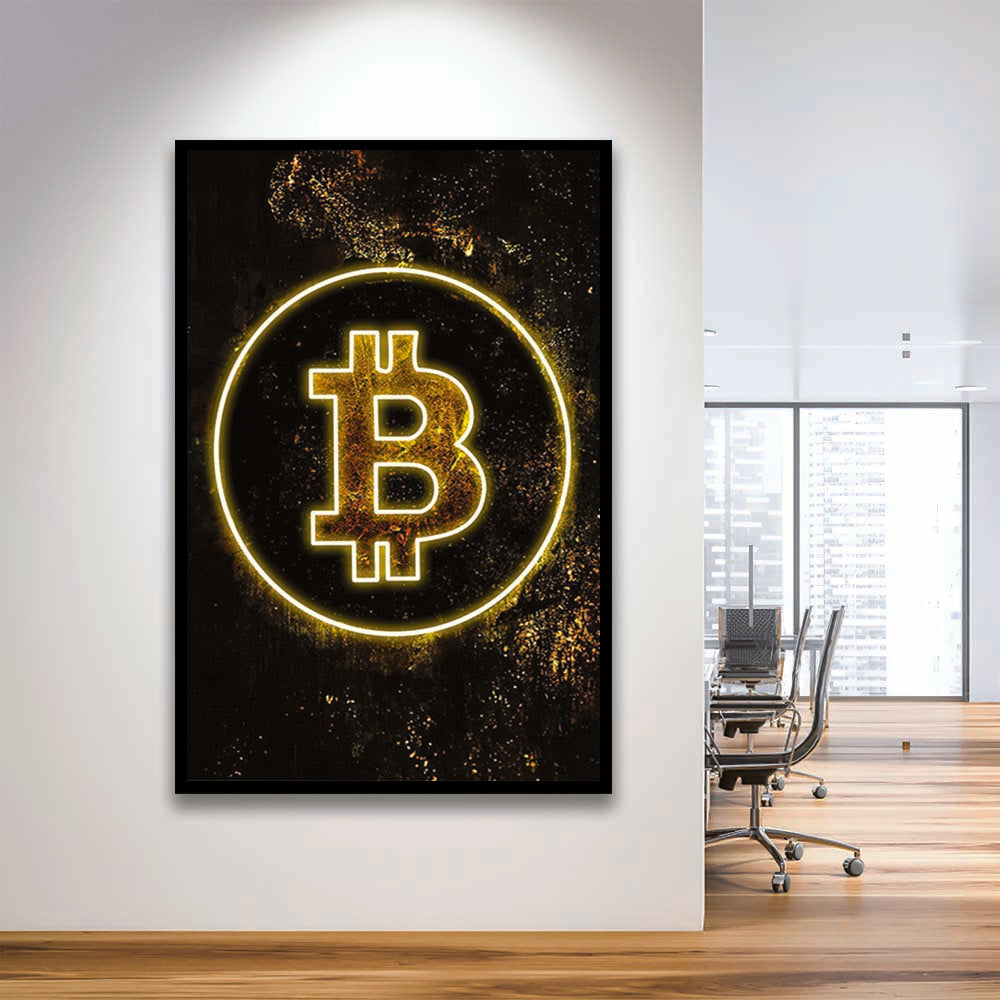 Neon Light Art Bitcoin Marble, Framed Art Print, Picture Framed Wall Art Decor