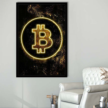 Neon Light Art Bitcoin Marble, Framed Art Print, Picture Framed Wall Art Decor