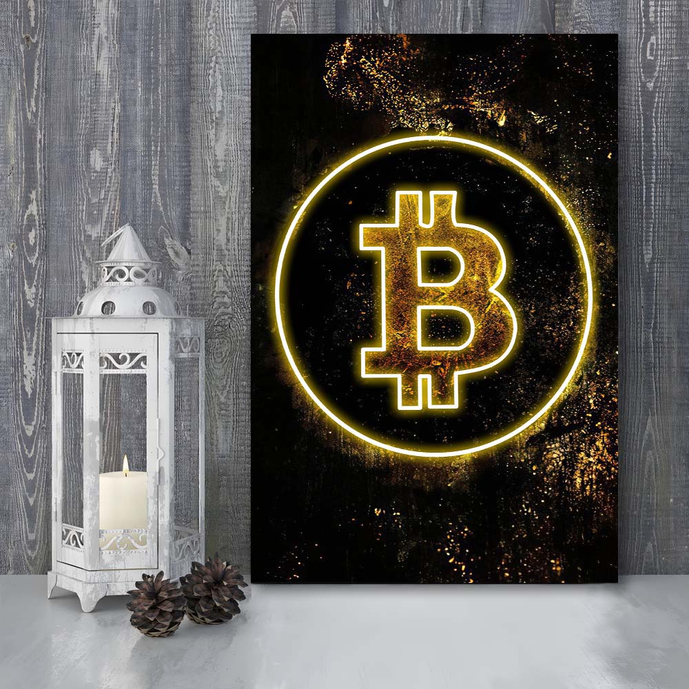 Neon Light Art Bitcoin Marble, Canvas Print, Luxury Wall Art Decor, Modern Art