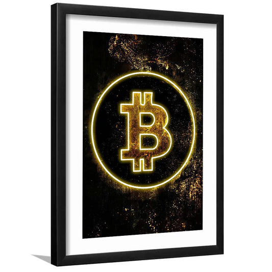 Neon Light Art Bitcoin Marble, Framed Art Print, Luxury Pictures Framed, White Border
