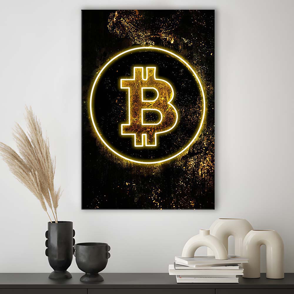 Neon Light Art Bitcoin Marble, Canvas Print, Luxury Wall Art Decor, Modern Art
