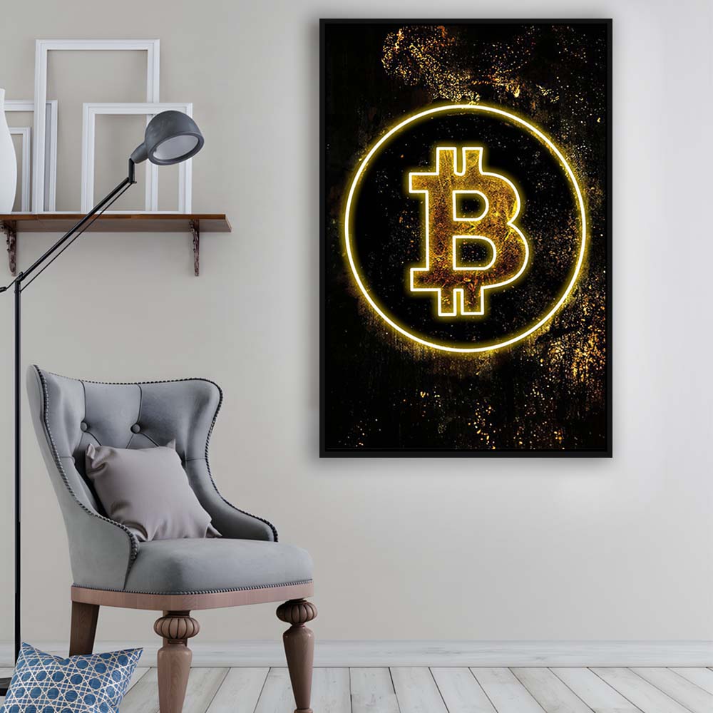 Neon Light Art Bitcoin Marble, Framed Canvas Print, Floating Frame, Luxury Wall Art Decor