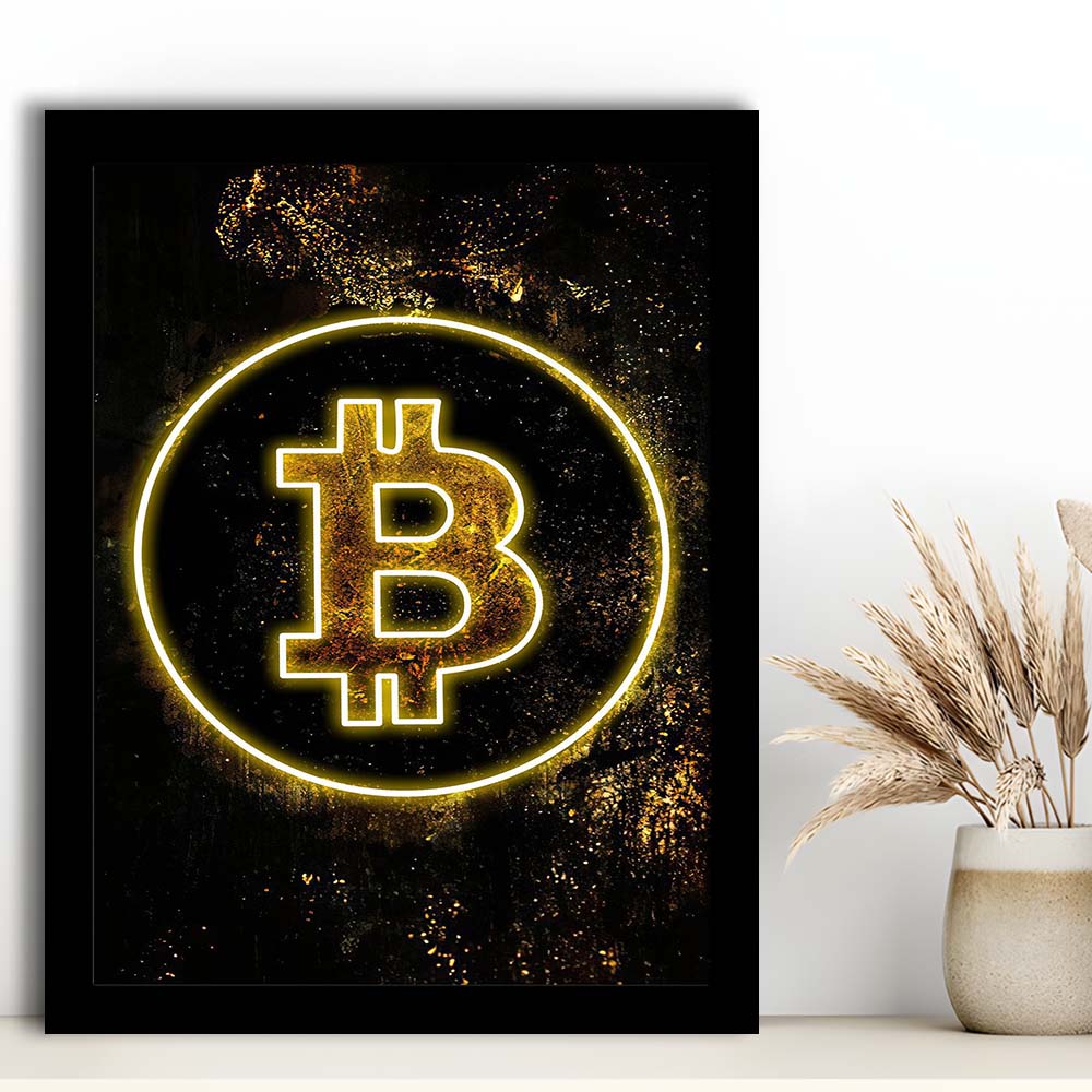 Neon Light Art Bitcoin Marble, Framed Art Print, Picture Framed Wall Art Decor