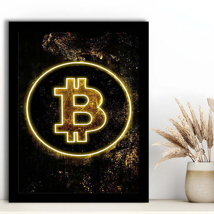Neon Light Art Bitcoin Marble, Framed Art Print, Picture Framed Wall Art Decor
