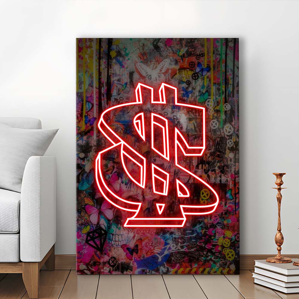 Neon Light Art Dollar, Neon Sign Effect, Canvas Print, Luxury Wall Art Decor, Modern Art