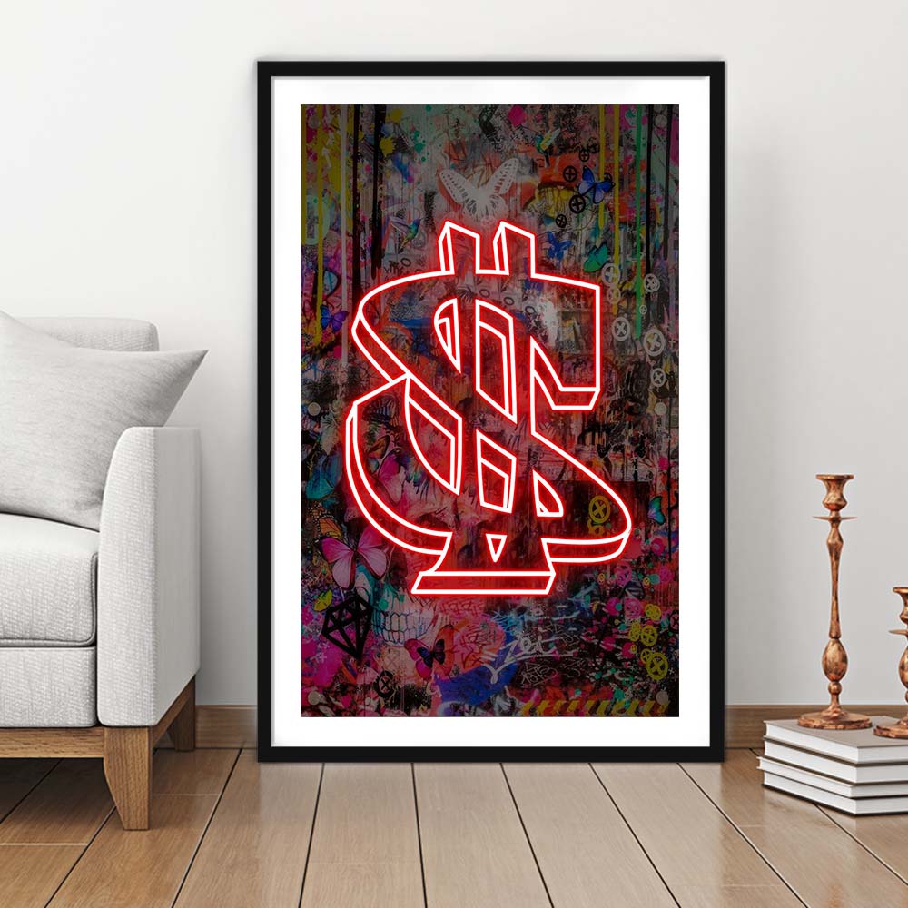 Neon Light Art Dollar, Neon Sign Effect, Framed Art Print, Luxury Pictures Framed, White Border