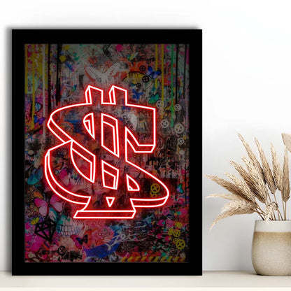 Neon Light Art Dollar, Neon Sign Effect, Framed Art Print, Picture Framed Wall Art Decor