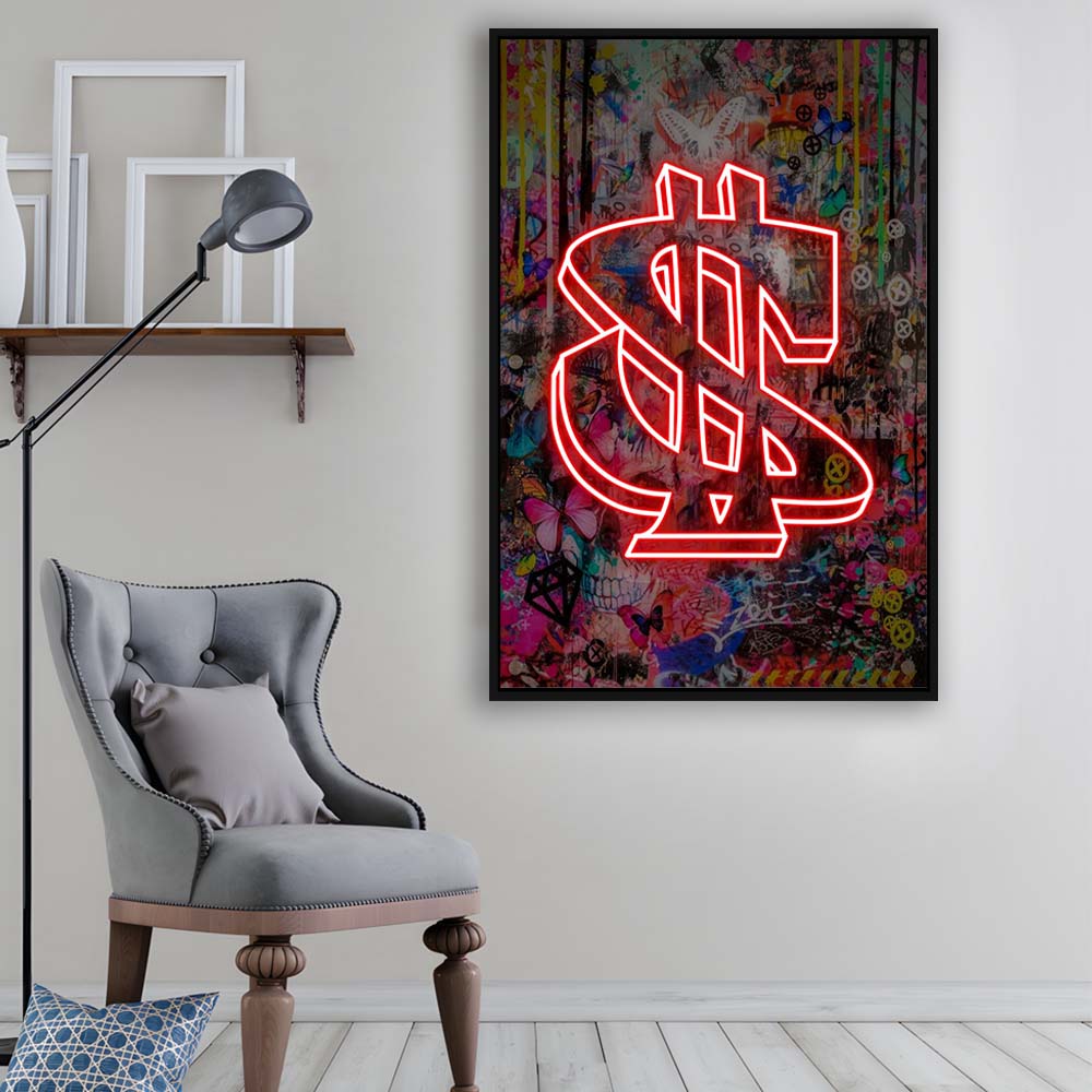 Neon Light Art Dollar, Neon Sign Effect, Framed Canvas Print, Floating Frame, Luxury Wall Art Decor