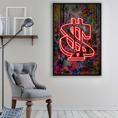 Neon Light Art Dollar, Neon Sign Effect, Framed Canvas Print, Floating Frame, Luxury Wall Art Decor