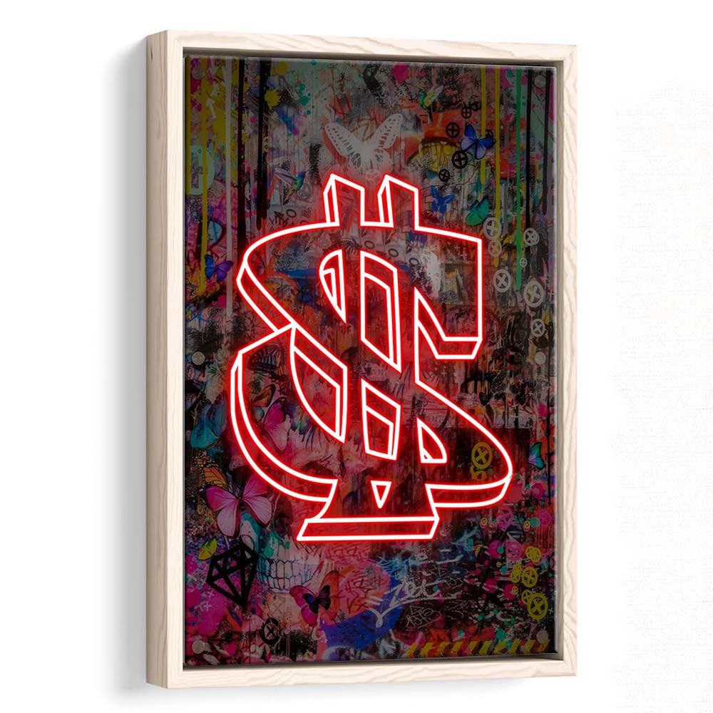 Neon Light Art Dollar, Neon Sign Effect, Framed Canvas Print, Floating Frame, Luxury Wall Art Decor