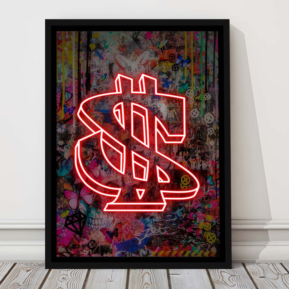 Neon Light Art Dollar, Neon Sign Effect, Framed Canvas Print, Floating Frame, Luxury Wall Art Decor
