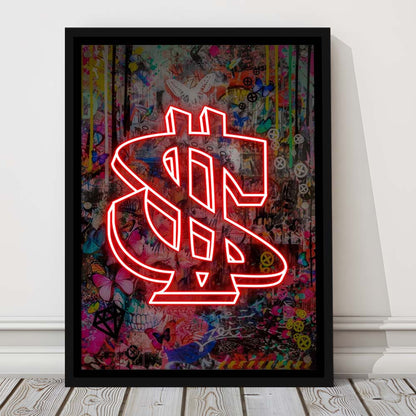 Neon Light Art Dollar, Neon Sign Effect, Framed Canvas Print, Floating Frame, Luxury Wall Art Decor