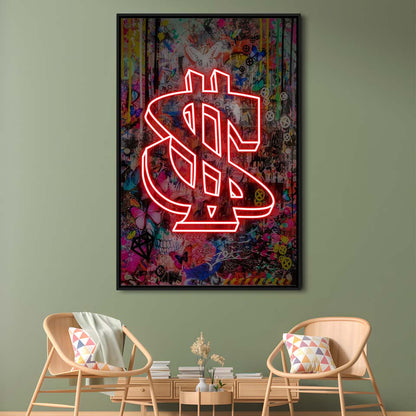 Neon Light Art Dollar, Neon Sign Effect, Framed Canvas Print, Floating Frame, Luxury Wall Art Decor