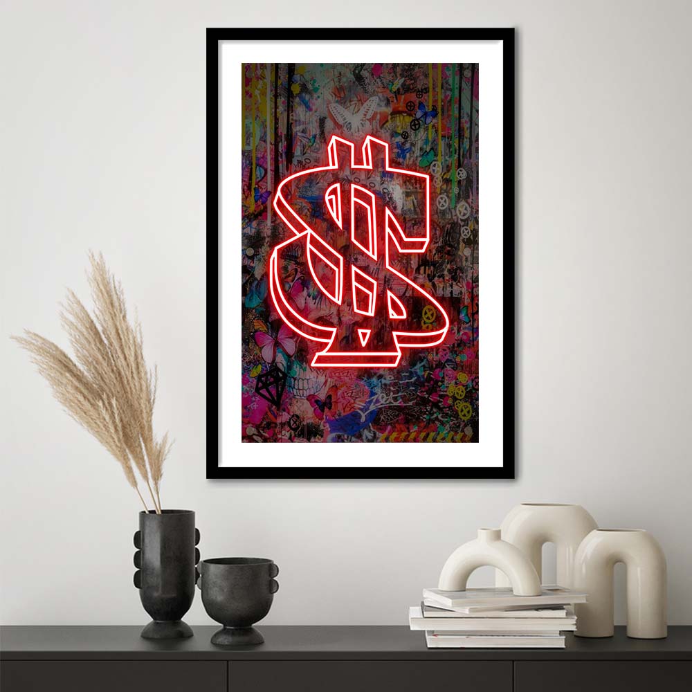 Neon Light Art Dollar, Neon Sign Effect, Framed Art Print, Luxury Pictures Framed, White Border