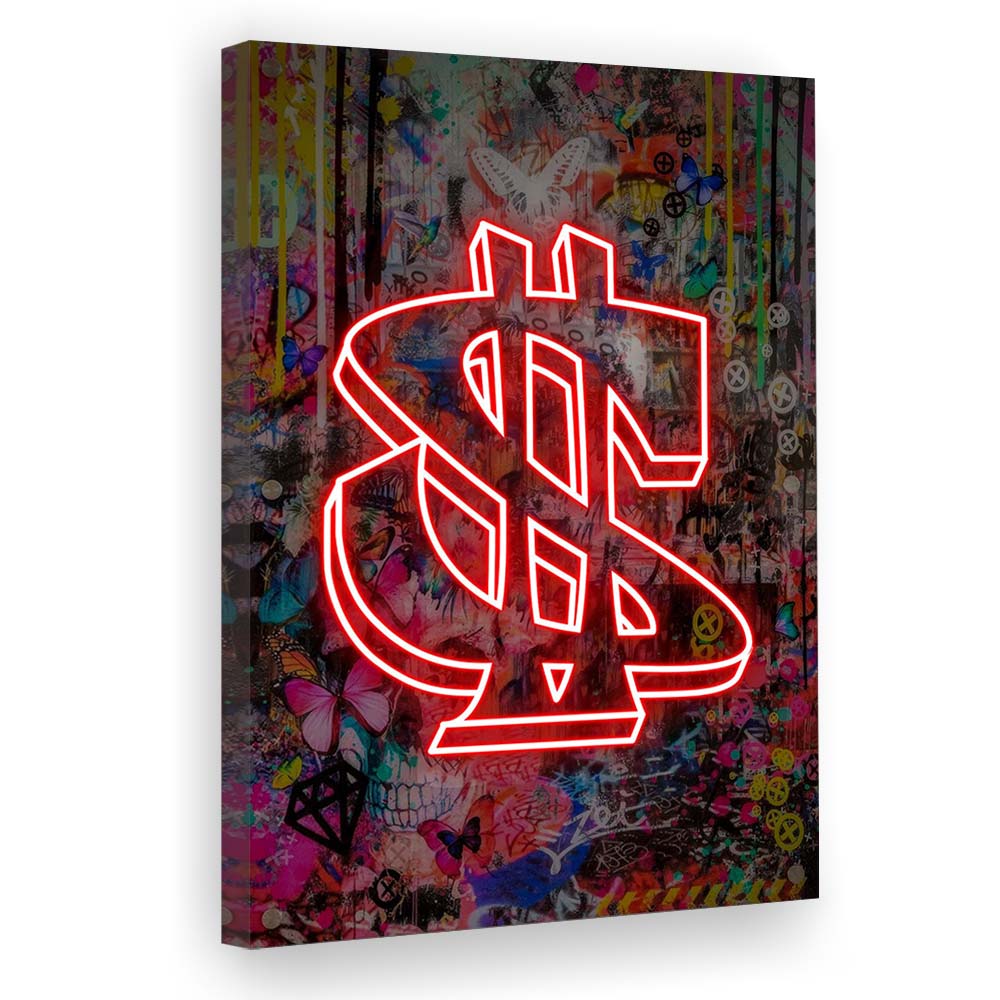 Neon Light Art Dollar, Neon Sign Effect, Canvas Print, Luxury Wall Art Decor, Modern Art