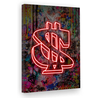 Neon Light Art Dollar, Neon Sign Effect, Canvas Print, Luxury Wall Art Decor, Modern Art