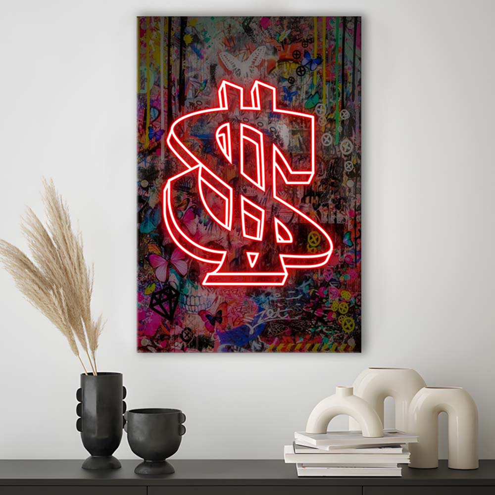 Neon Light Art Dollar, Neon Sign Effect, Canvas Print, Luxury Wall Art Decor, Modern Art